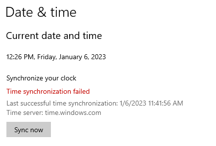 Windows date and time internet clock synchronization settings screen