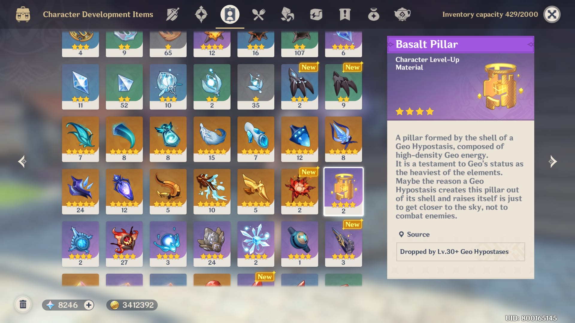 Genshin Impact ascension materials including Etherwing Moth and Prithiva Topaz gems