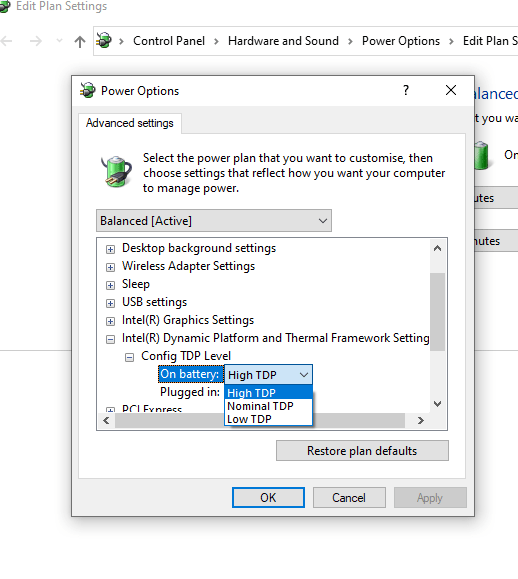 Menu de configurações avançadas de energia do Windows com o estado de desempenho mínimo destacado