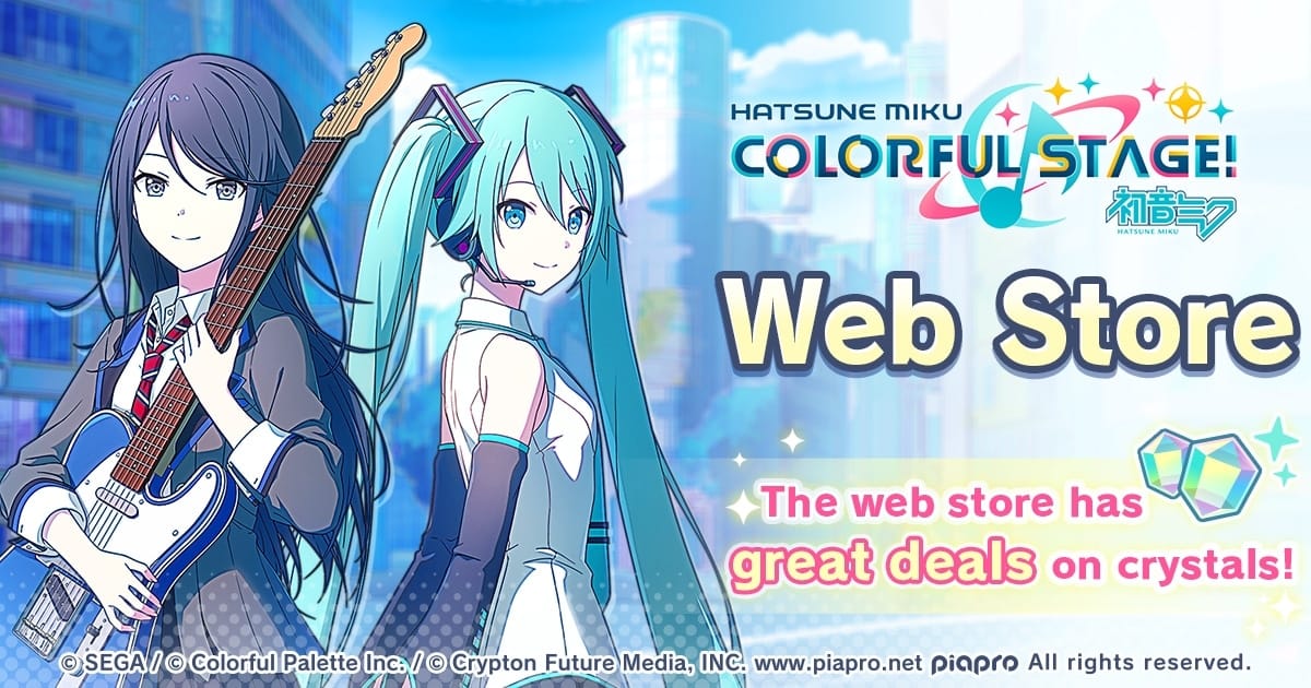 Visual gaya perbandingan untuk Hatsune Miku: Colorful Stage yang menunjukkan rute pembelian wilayah toko aplikasi versus rute toko web resmi