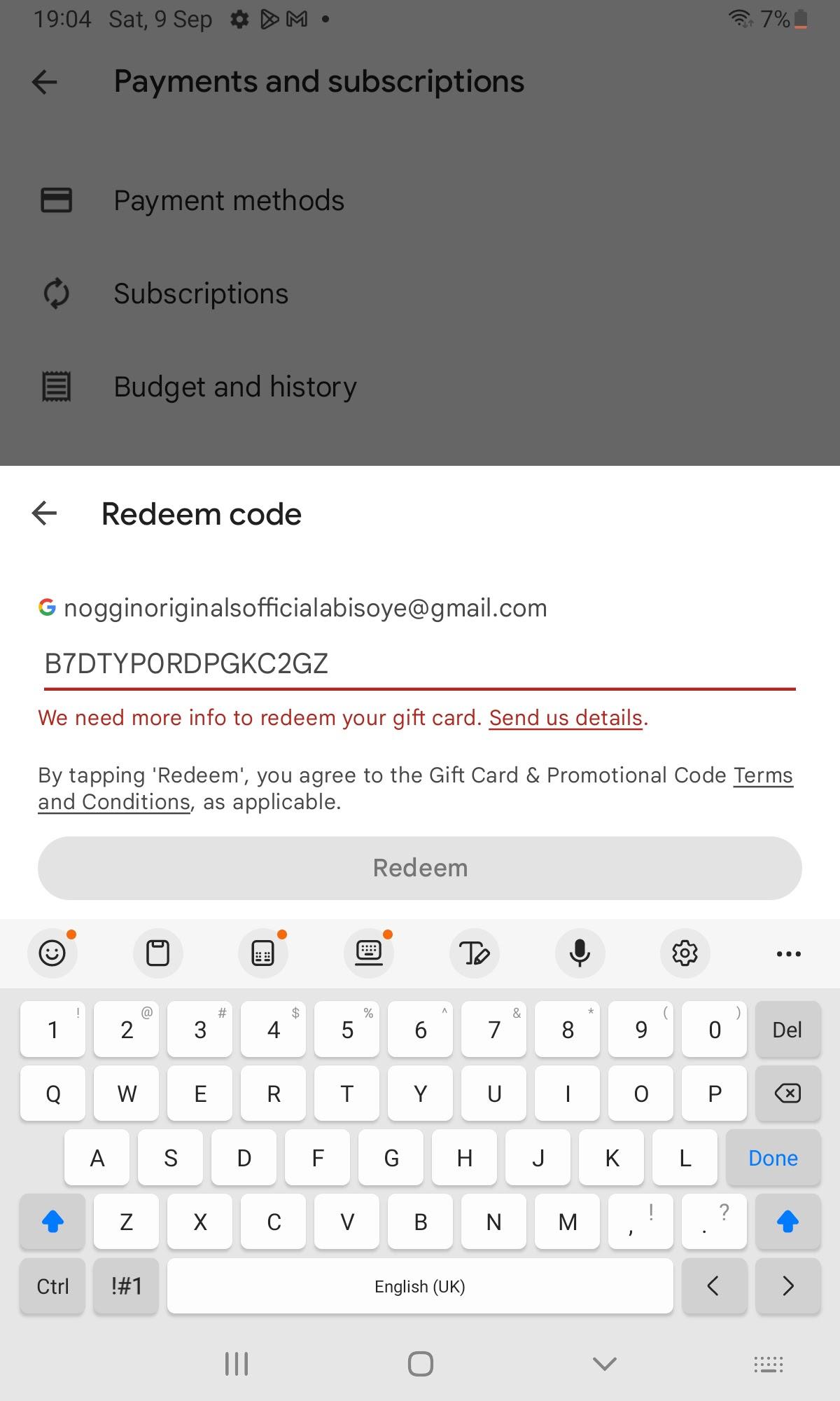 Google Play redeem gift card code interface on Android