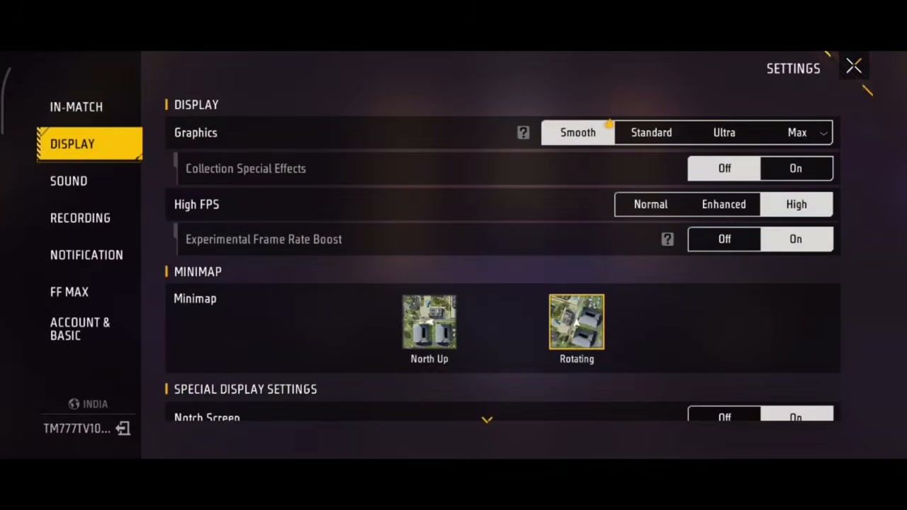 Free Fire Max Smooth graphics High FPS display settings