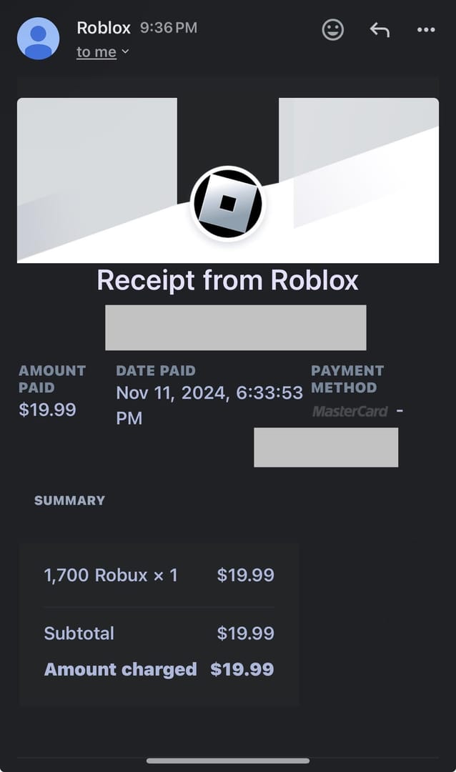 Vergleich einer abgeschlossenen Roblox-Kaufquittung und einer ausstehenden Zahlungsbelastung