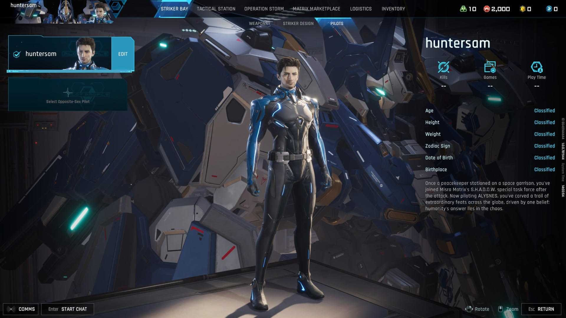 Mecha Break 파일럿 프로필 메뉴에서 숫자 User ID와 서버 지역 표시