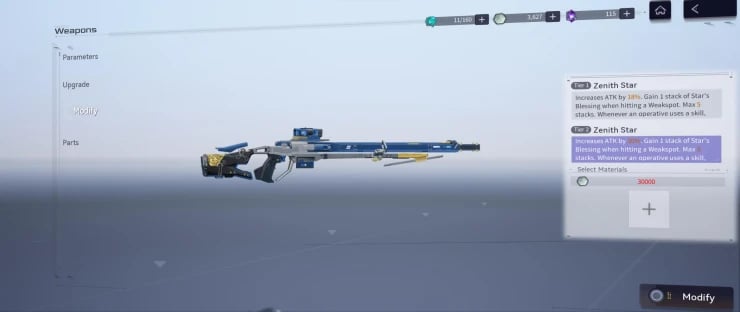 Interfaz de mejora y modificación de armas de Snowbreak Containment Zone