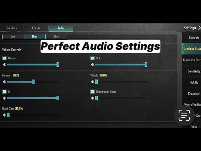 Audio-Einstellungsmenü von PUBG Mobile mit Reglern für Gesamtlautstärke, SFX und Musik