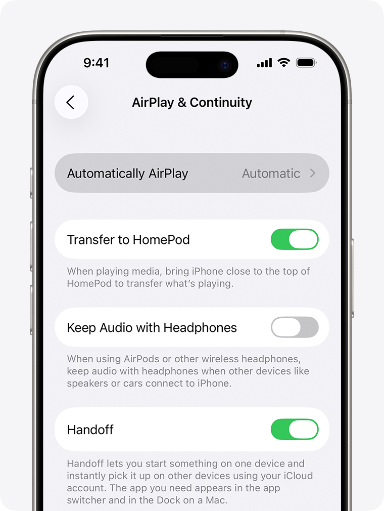 Schermata delle impostazioni di Apple iOS che mostra l'opzione AirPlay e Handoff di Continuity