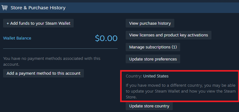 显示商店国家和钱包货币的Steam账户明细截图