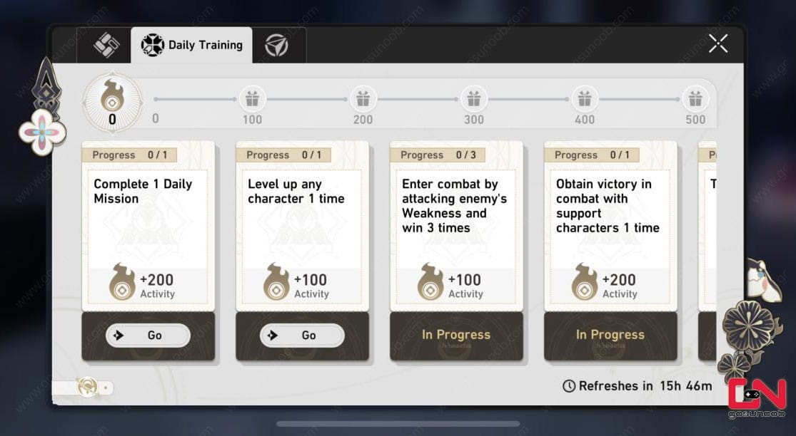 Interfaccia del Daily Training di Honkai Star Rail che mostra la barra di avanzamento della ricompensa di 60 Stellar Jade