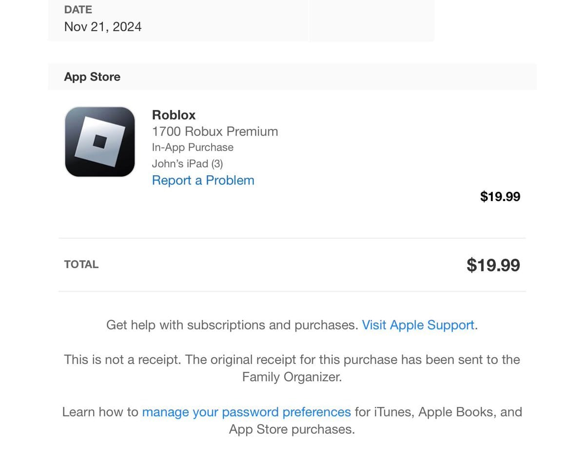 Apple-Kaufverlauf-Seite, die eine Roblox-Transaktionsquittung auf iPhone oder iPad zeigt