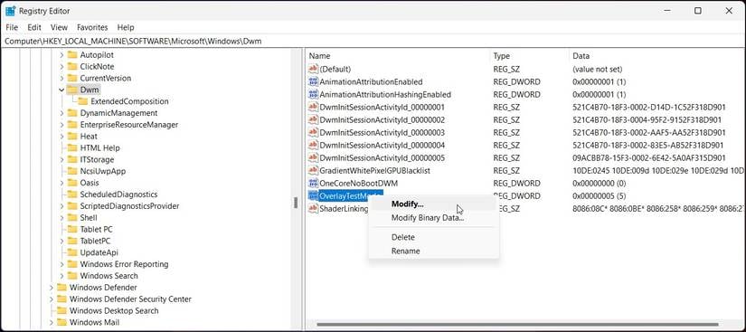 Windows Registry Editor menyetel OverlayTestMode untuk menonaktifkan Multi-Plane Overlay demi performa gaming yang lancar