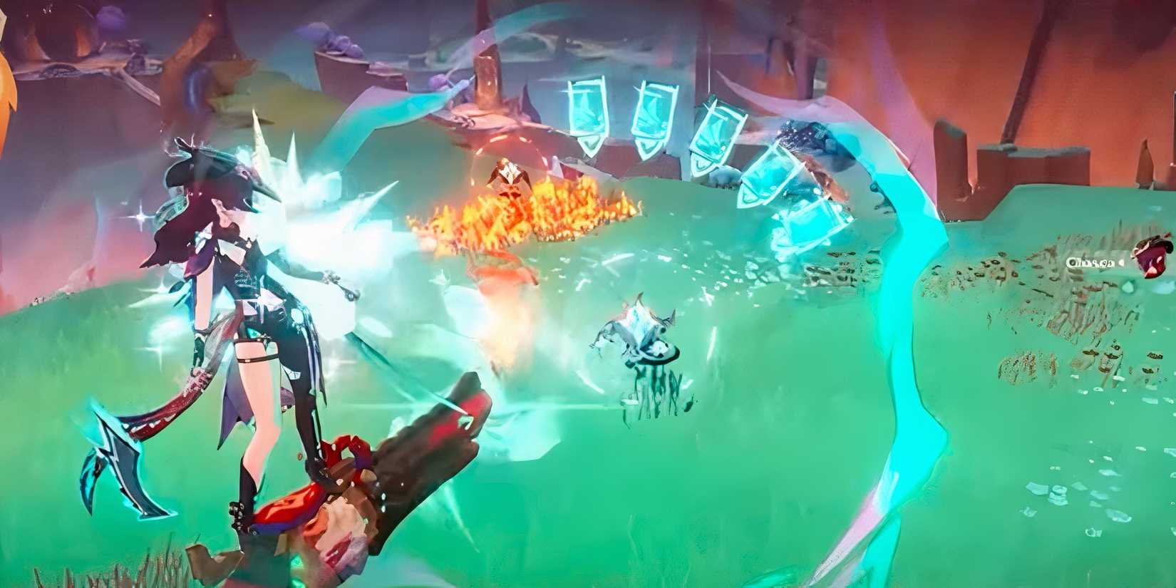 Chasca membidik dari kenderaan Soulsniper di udara dalam Genshin Impact