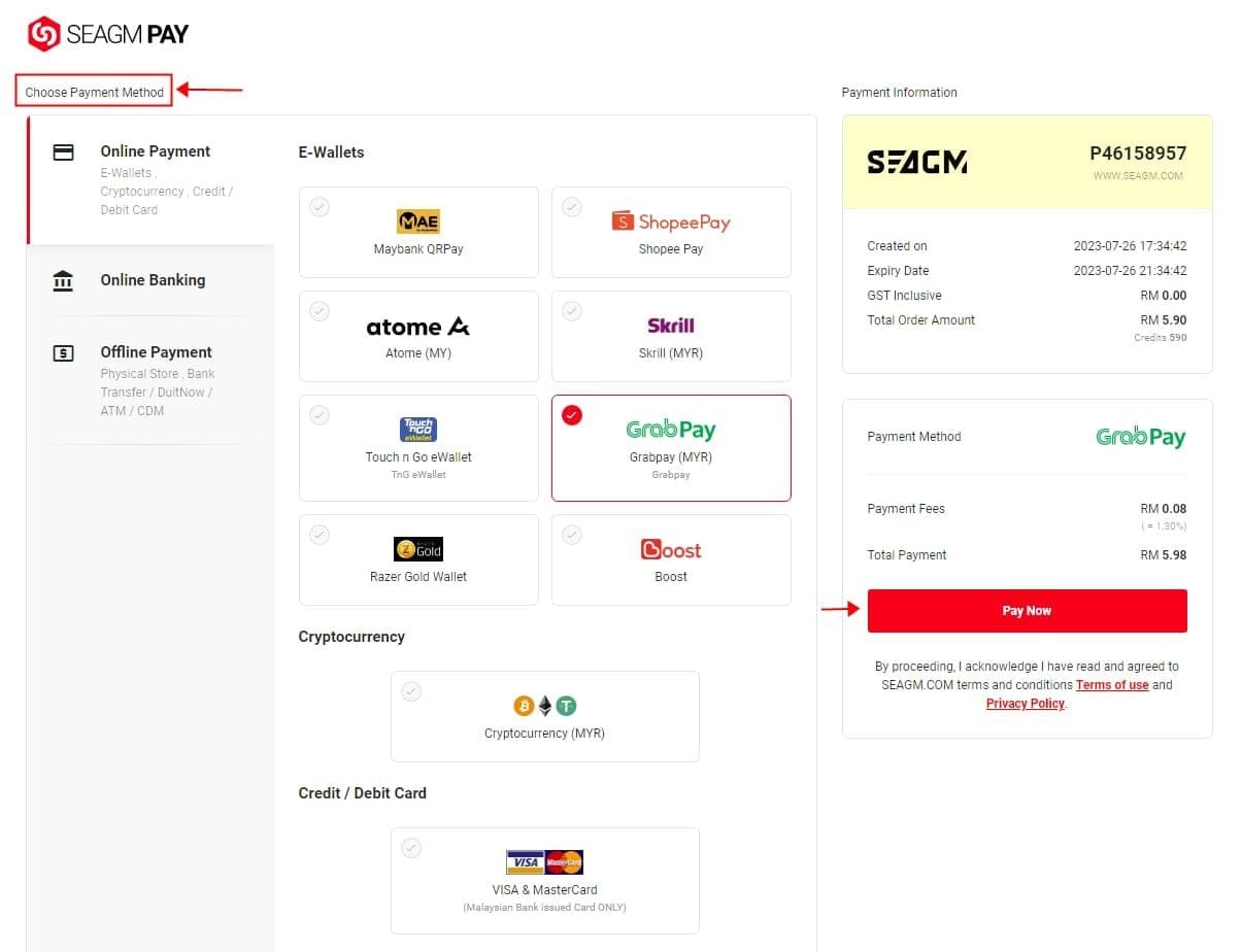 Mango Live Diamonds top-up payment method selection screen