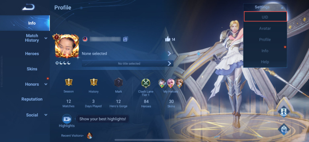Honor of Kings Spielerprofil-Einstellungsmenü mit hervorgehobenem UID-Kopierbutton