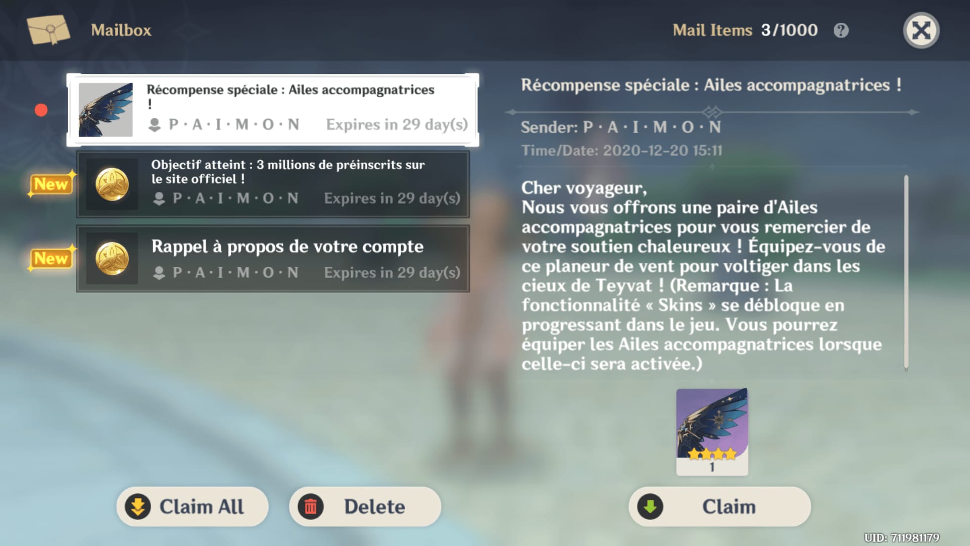 Correo del juego de Genshin Impact que muestra recompensas de Protogemas