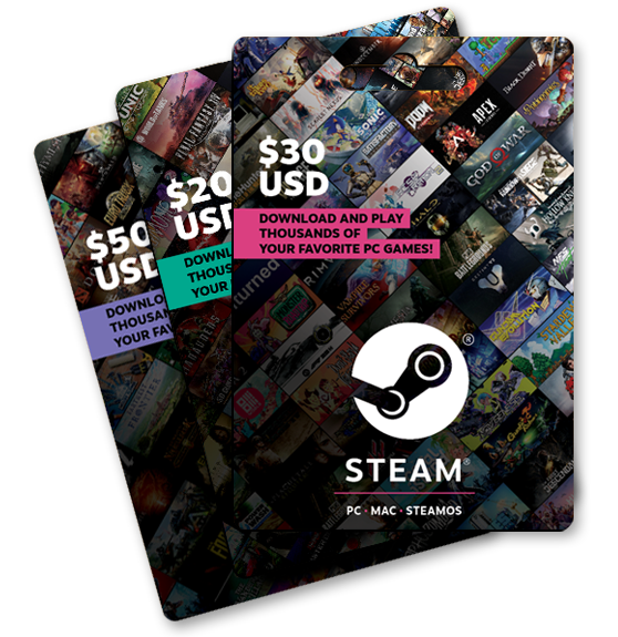 显示不同面额和货币的Steam钱包礼品卡