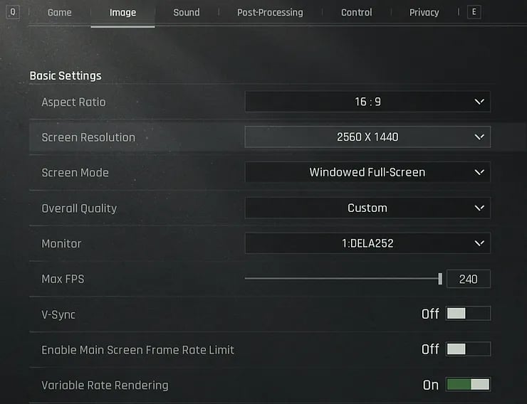Arena Breakout in-game graphics settings menu showcasing frame rate and shadow options