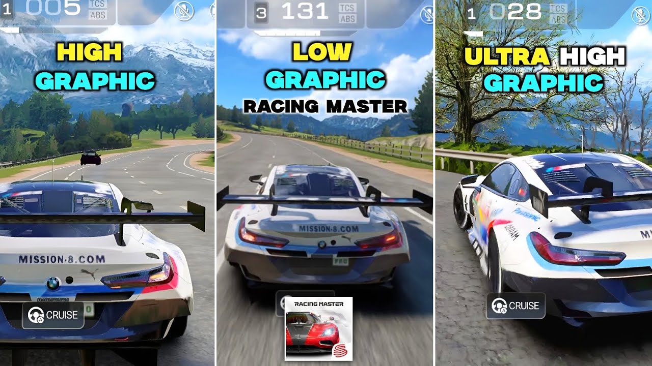 Fahrzeugtuning- und Grafikeinstellungsmenü von Racing Master auf Android