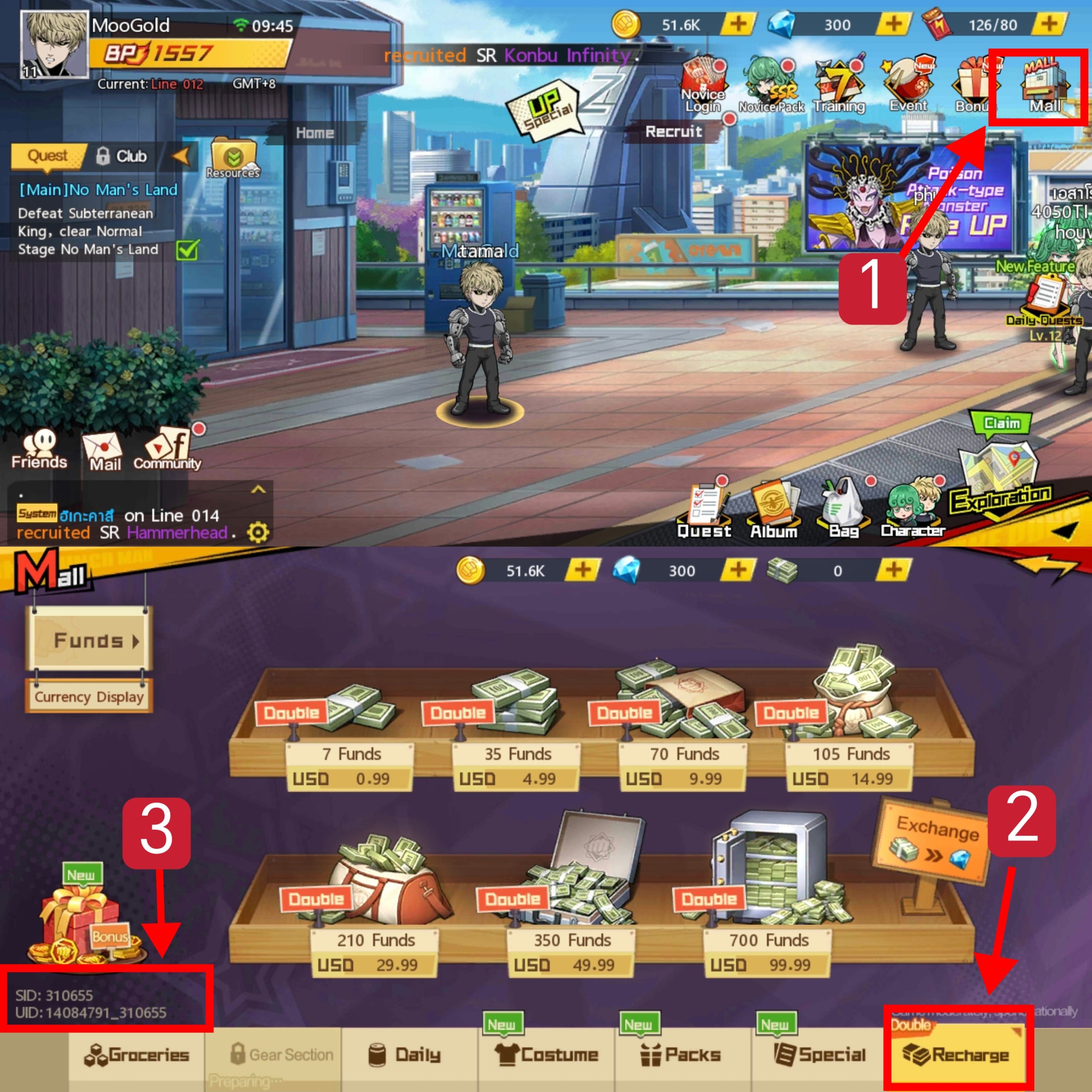 One Punch Man The Strongest mall interface showing coupon to funds conversion