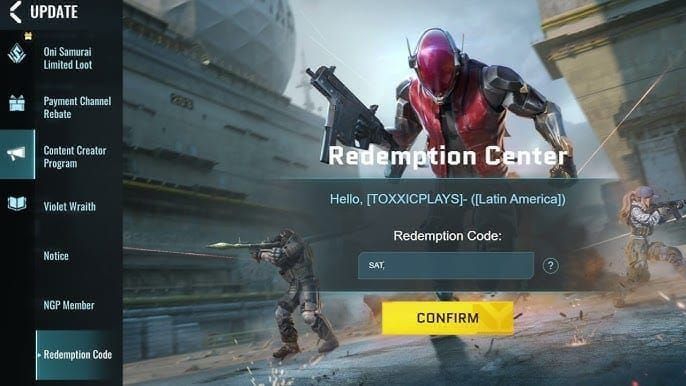 Player entering a Blood Strike gift code in the redeem center
