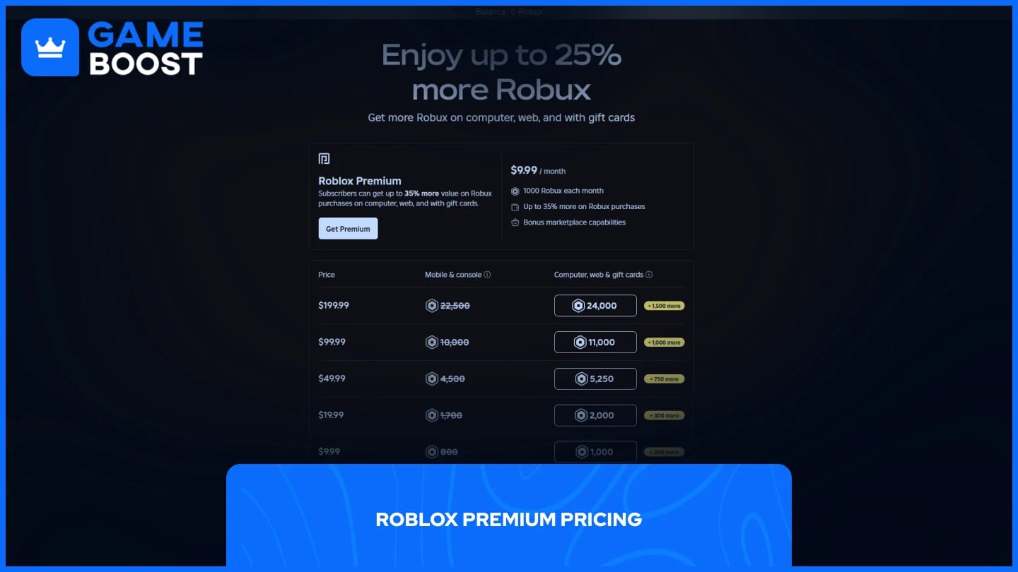 Roblox Premium 멤버십 옵션 화면