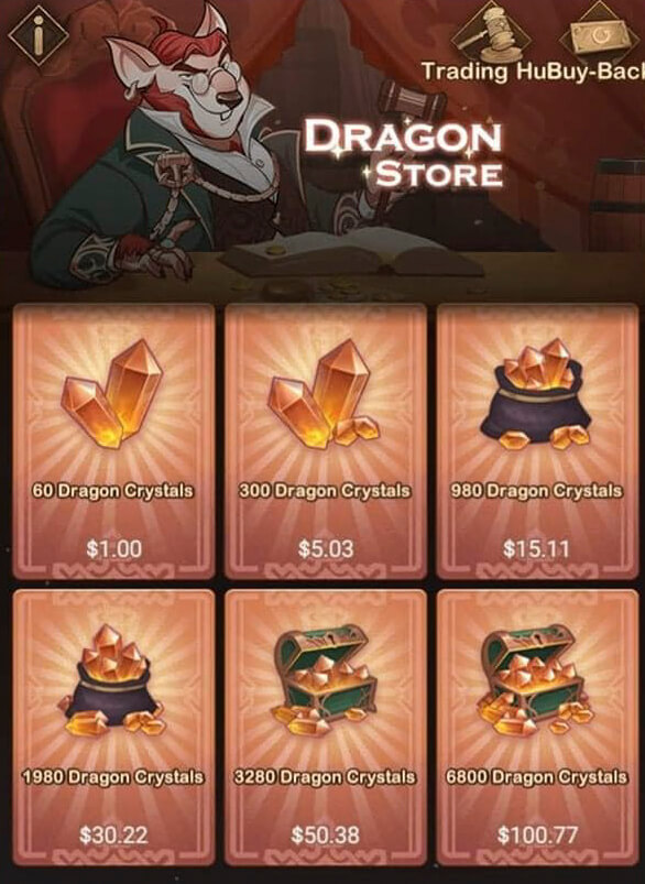AFK Journey premium store Dragon Crystals pack options