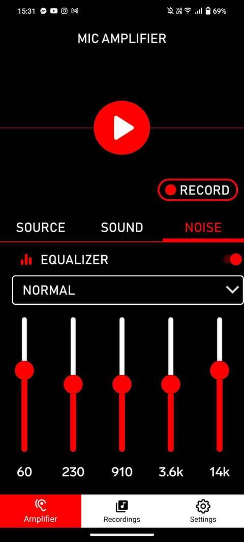 Controles deslizantes de ganancia y ecualizador de micrófono en una aplicación de utilidades de audio