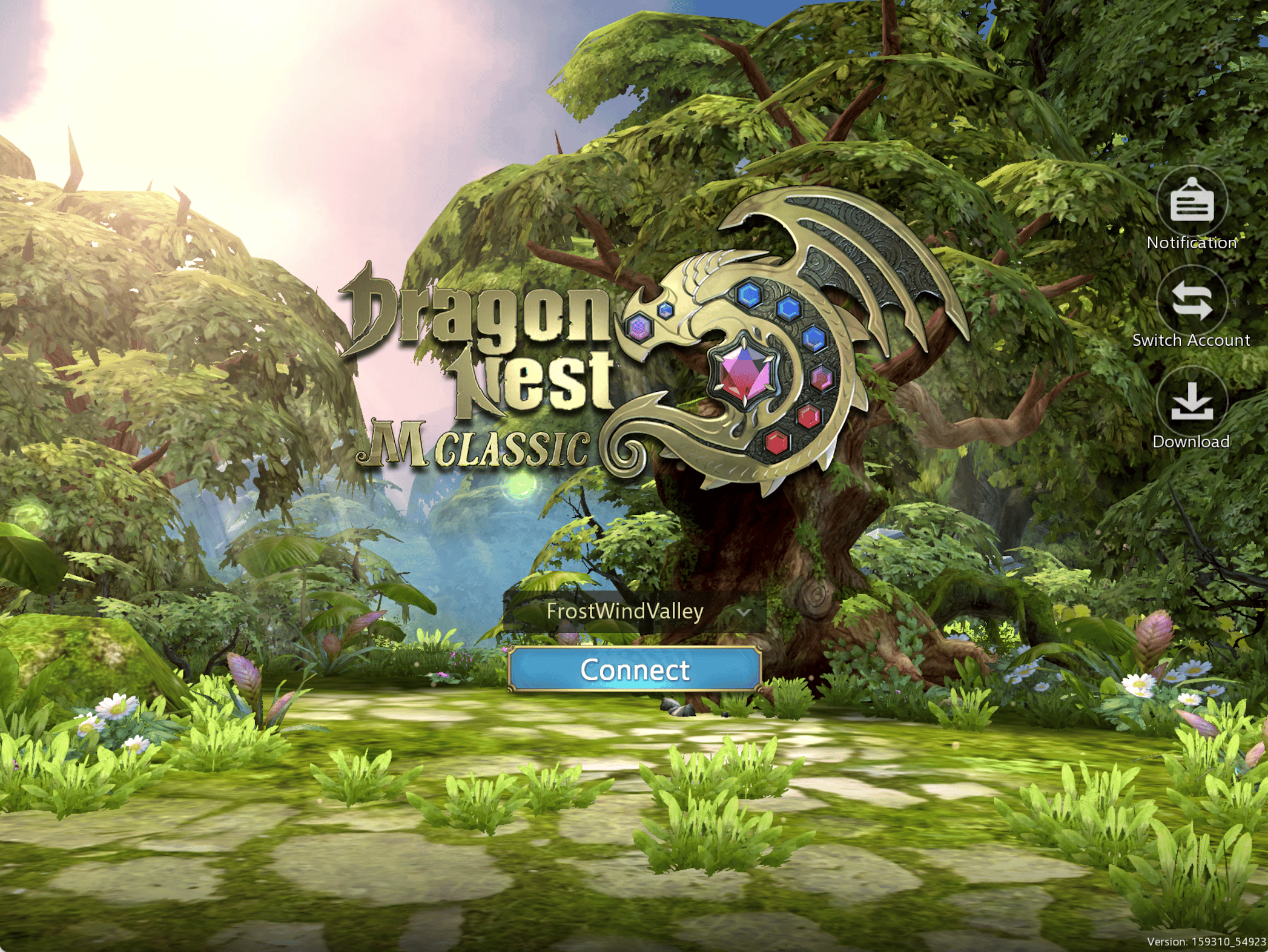 Dragon Nest M Classic Anmeldebildschirm mit Serverauswahlmenü