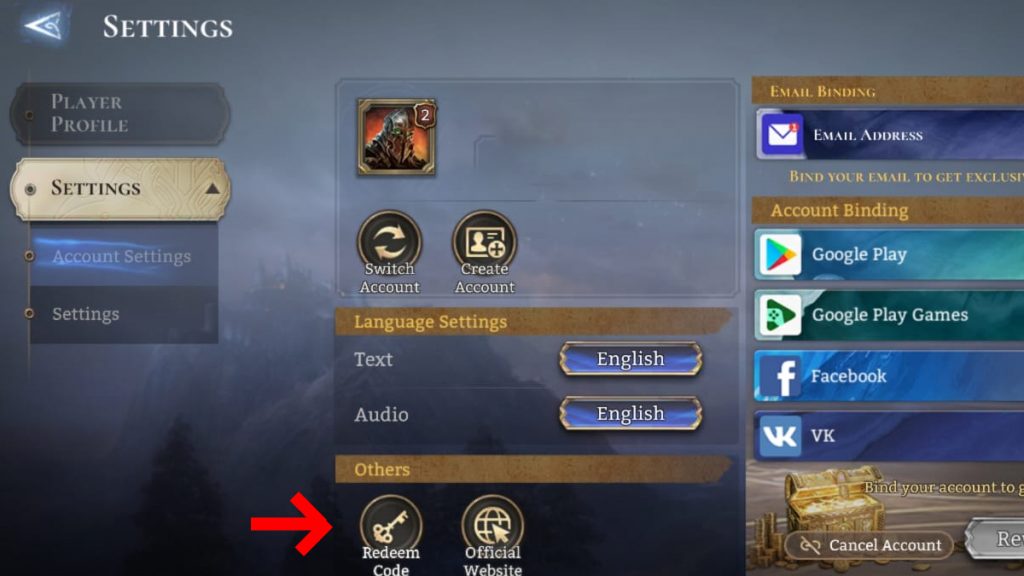 Watcher of Realms settings page showing the Redeem Code key button