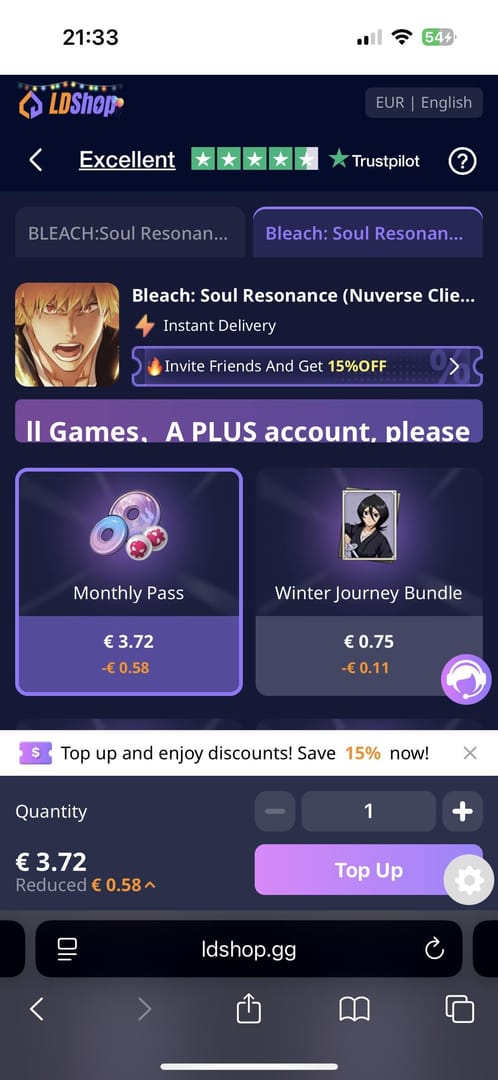 ตัวอย่างหน้าจอที่มีปัญหาในการเติมเงินใน Bleach: Soul Resonance SEA Top Up