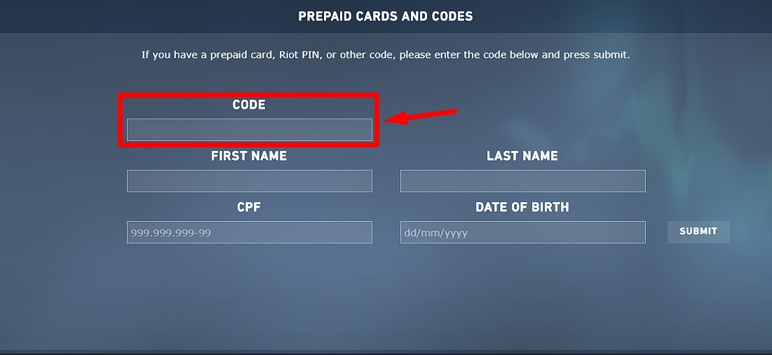 Valorant prepaid code redemption interface inside the PC client