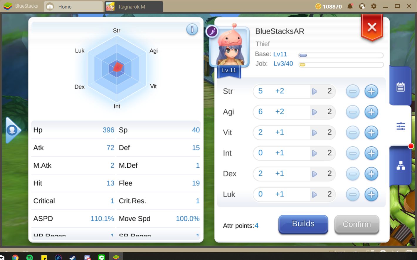 Stav postavy a nabídka inventáře Ragnarok M Eternal Love