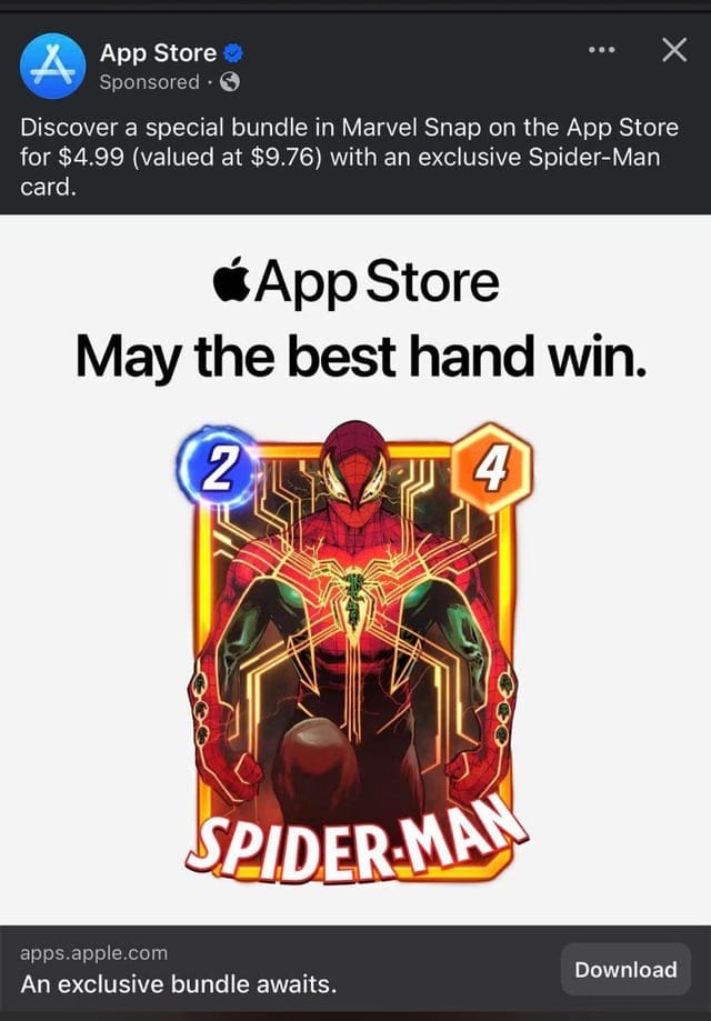 Réglages iOS montrant l'historique des achats Marvel Snap