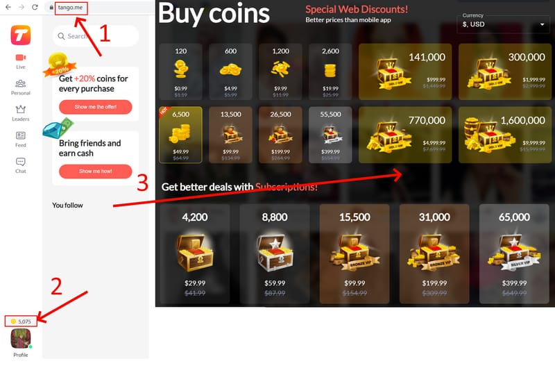 Tango Live Coins official web store interface