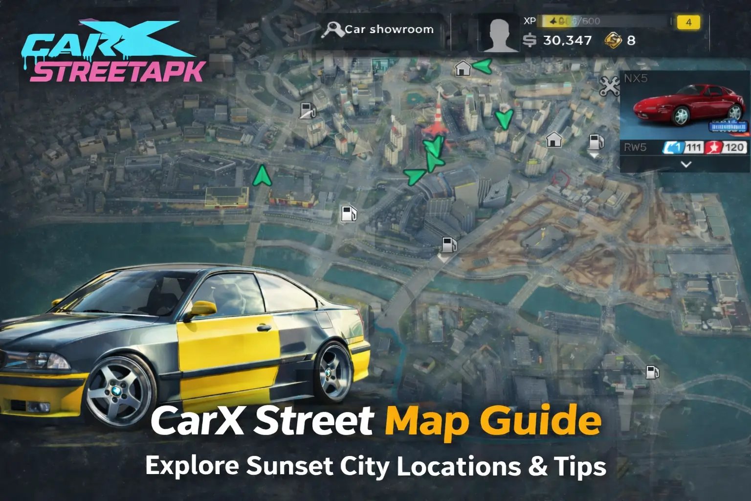 CarX Street map showing club elite race locations across Sunset City