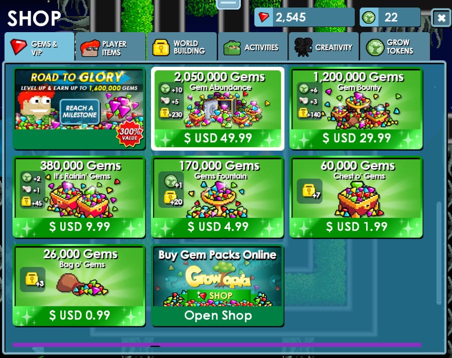 واجهة متجر Growtopia Gems داخل اللعبة