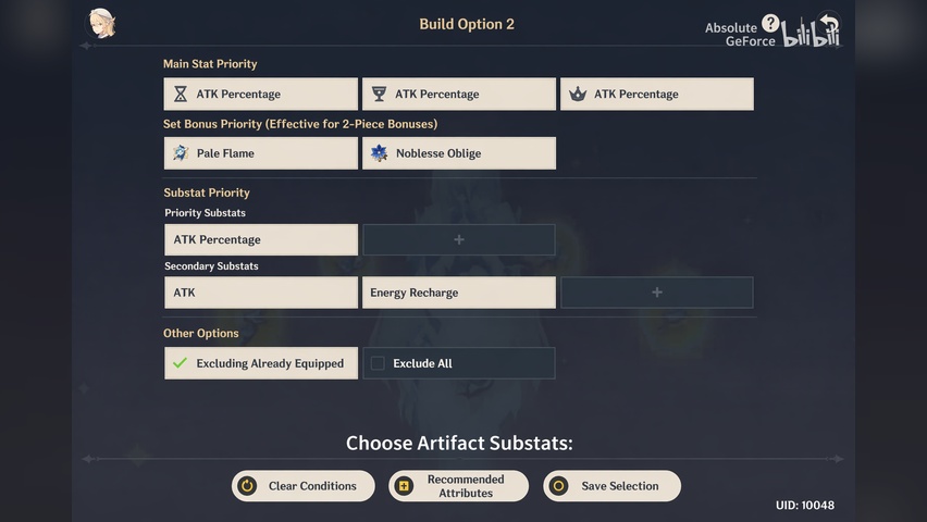 Substat priority screen