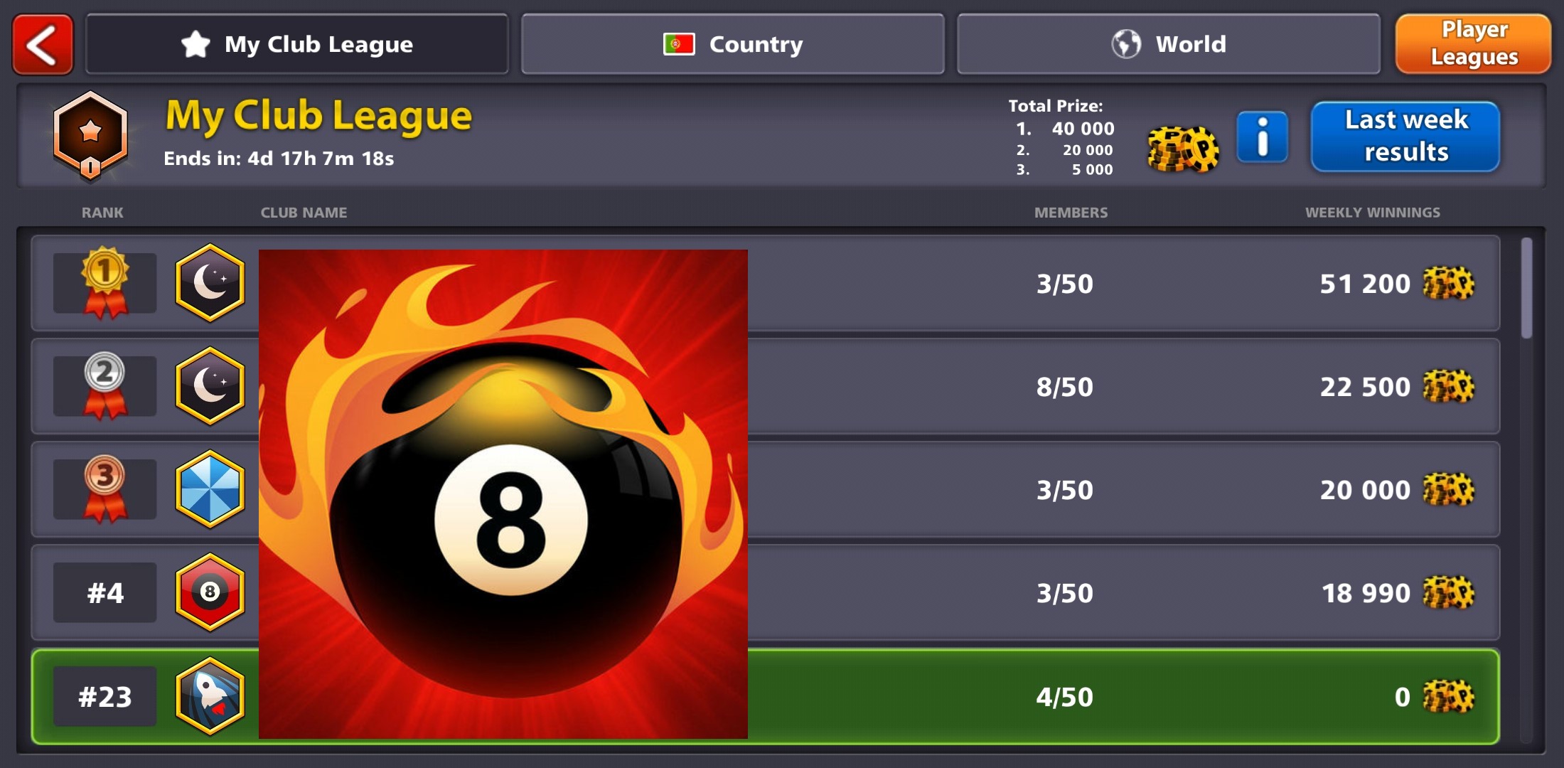 Tabela de classificação do evento competitivo do 8 Ball Pool mostrando prêmios de caixas lendárias