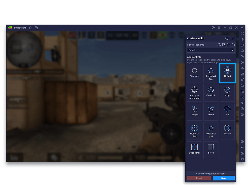 BlueStacks controls editor overlay for key mapping
