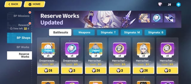 Antarmuka toko Reserve Works di Honkai Impact 3rd