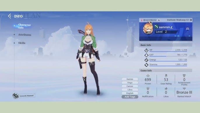 Interface du profil en jeu de Crystal of Atlan montrant où trouver l'UID ou l'identifiant de joueur avant le rechargement