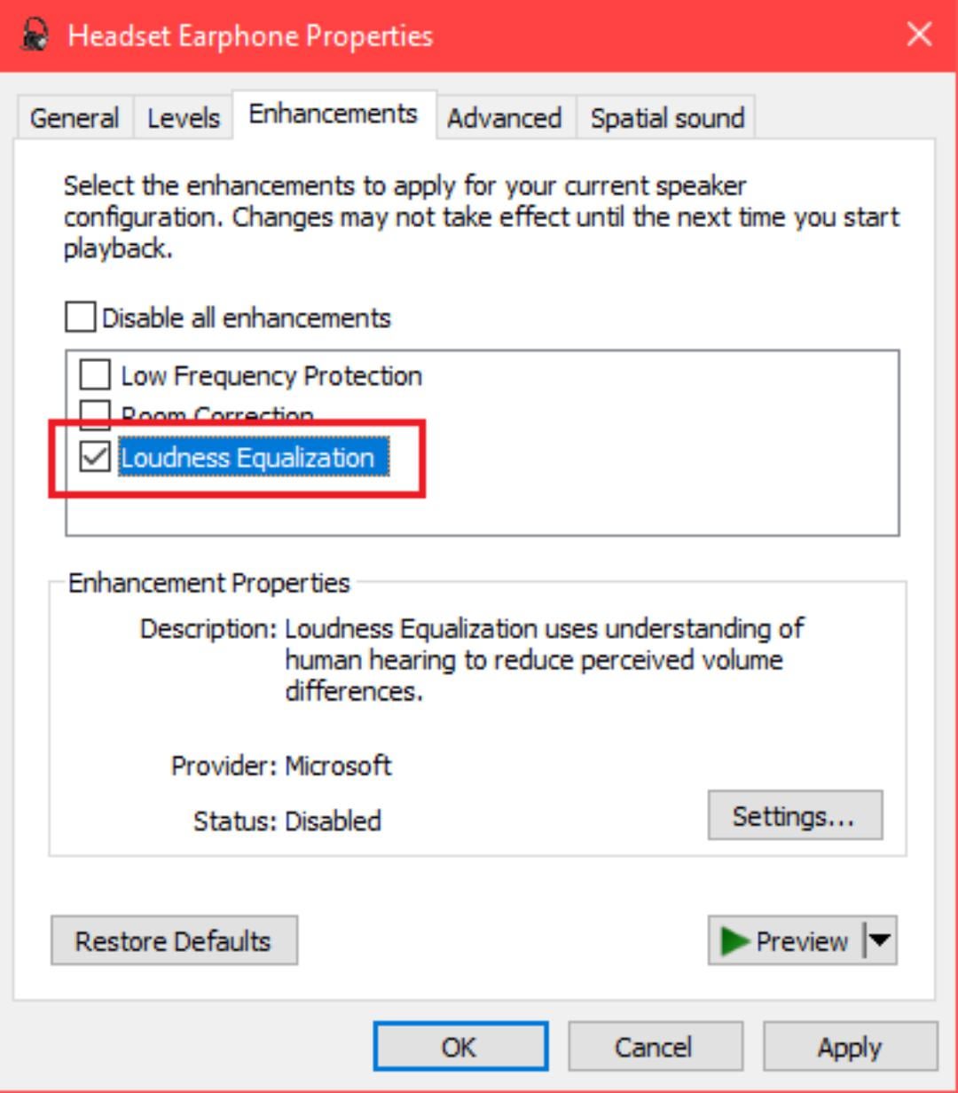 Karta ulepszeń w panelu sterowania dźwiękiem Windows z ustawieniem wyrównania głośności