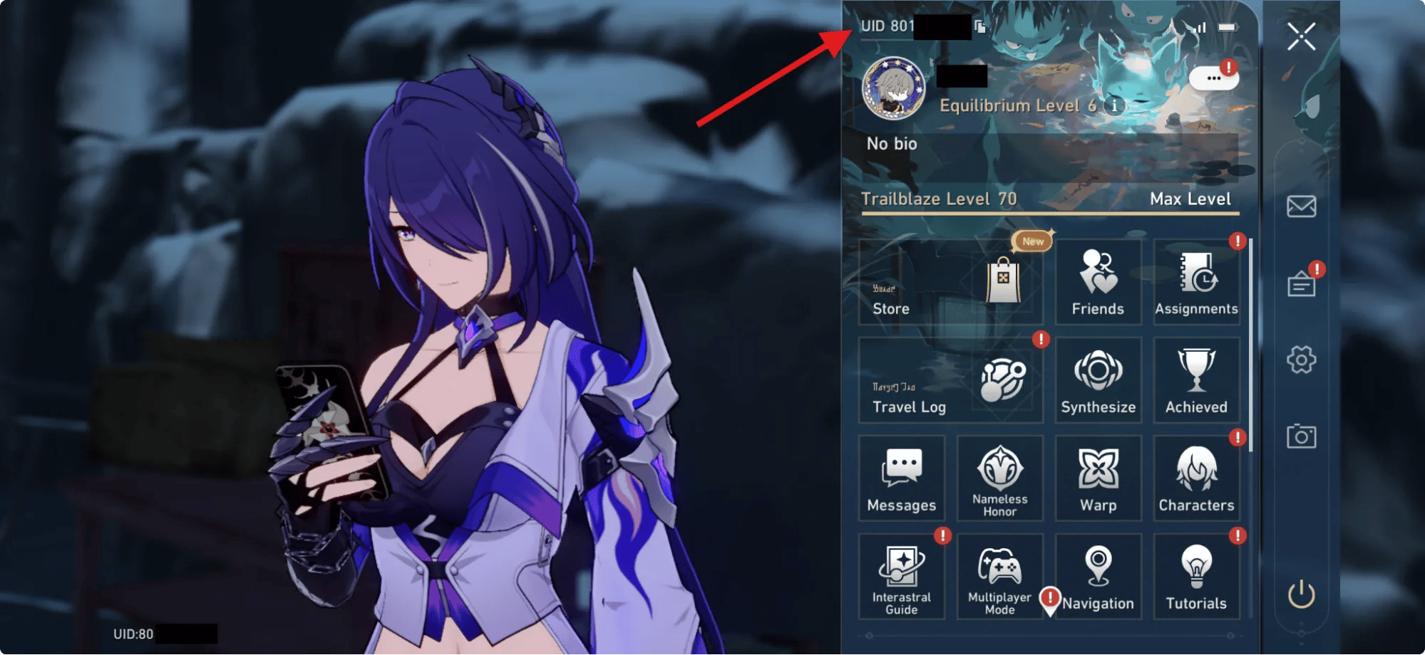 Screenshot highlighting where to find the 9-digit UID and server region in Honkai Star Rail
