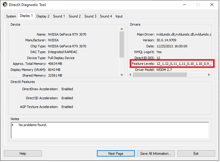 GPU 기능 수준을 보여주는 DirectX 진단 도구 dxdiag 창