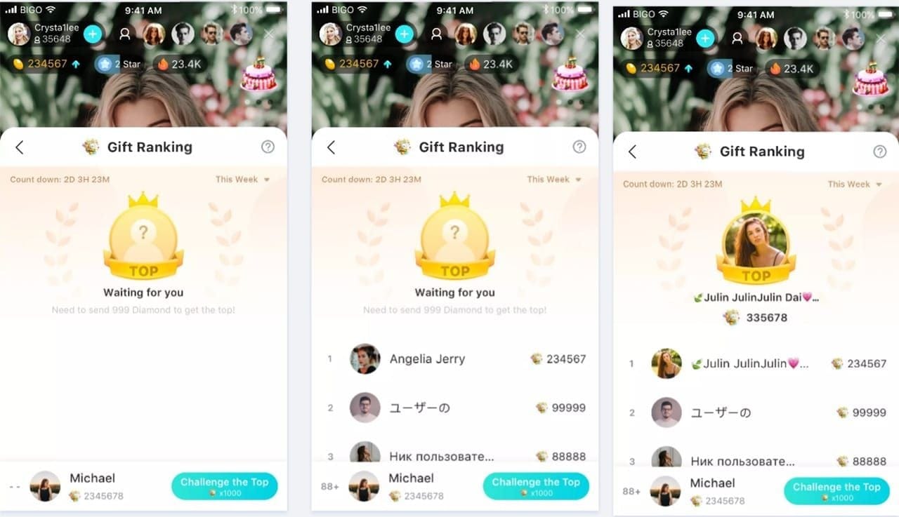 Přehled kategorií soutěže vysílatelů Bigo Live Diamonds