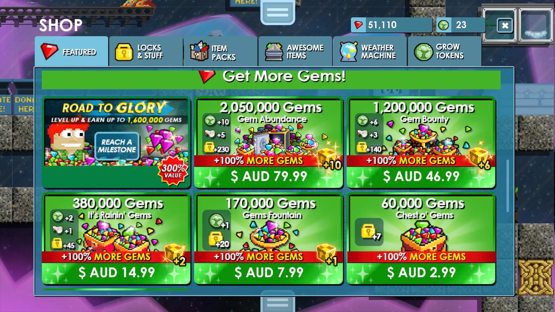 خيار قائمة استعادة المشتريات لـ Growtopia Gems