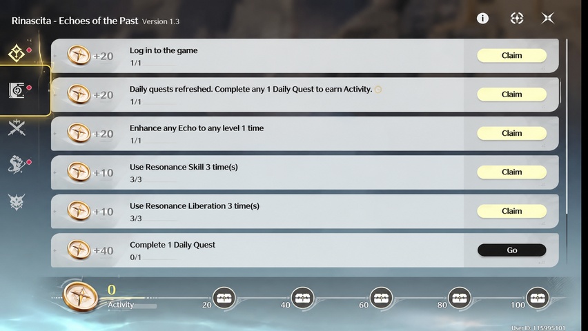 Activity task panel listing Intro Skill, Resonance Liberation, and daily quest entries with reward tiers