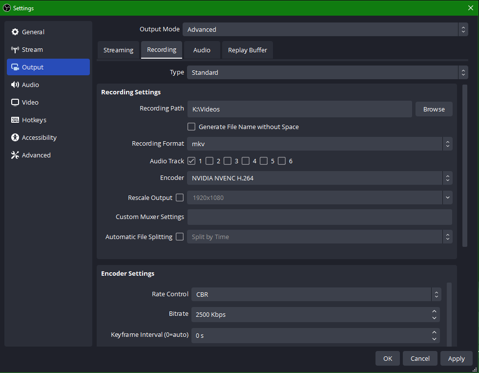 Fenêtre de configuration du mode de sortie OBS Studio en 0p à 60 fps