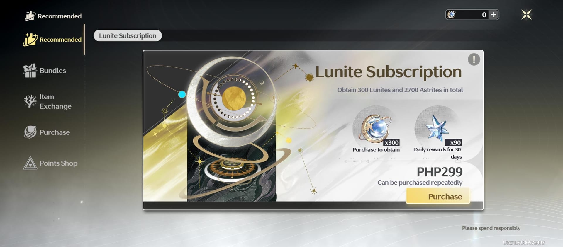 Wuthering Waves Lunite daily Astrite claim screen from subscription