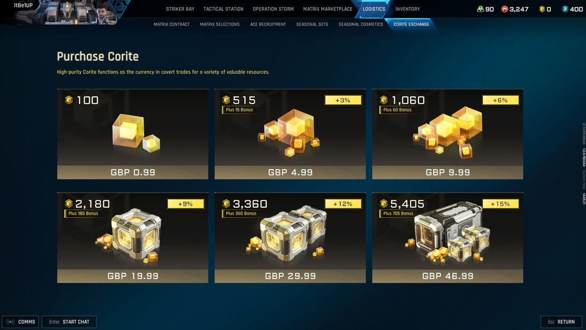 Mecha Break Matrix-Marktplatz-Shop-Bildschirm mit Corite-Währungspaketen
